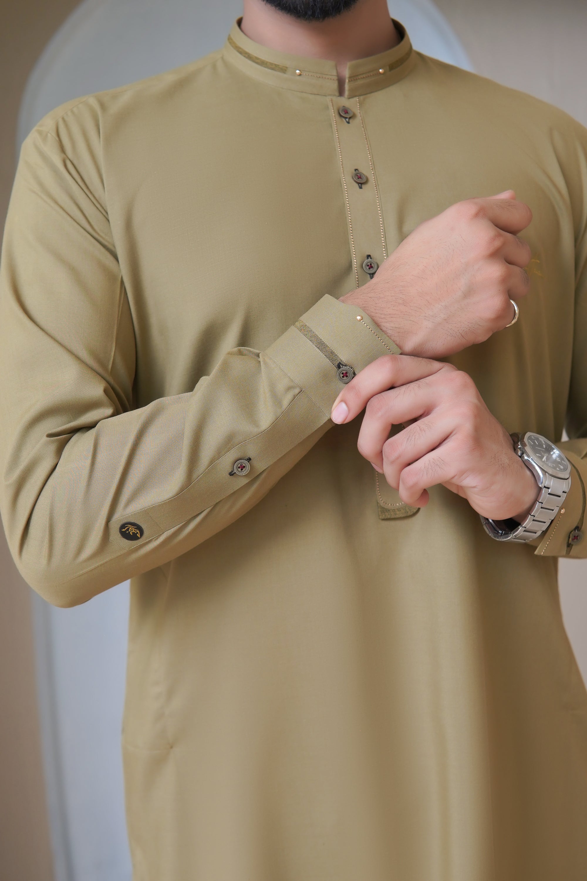 Olive Embellished Wash & Wear Shalwar Kameez (2-Piece) - Image 2