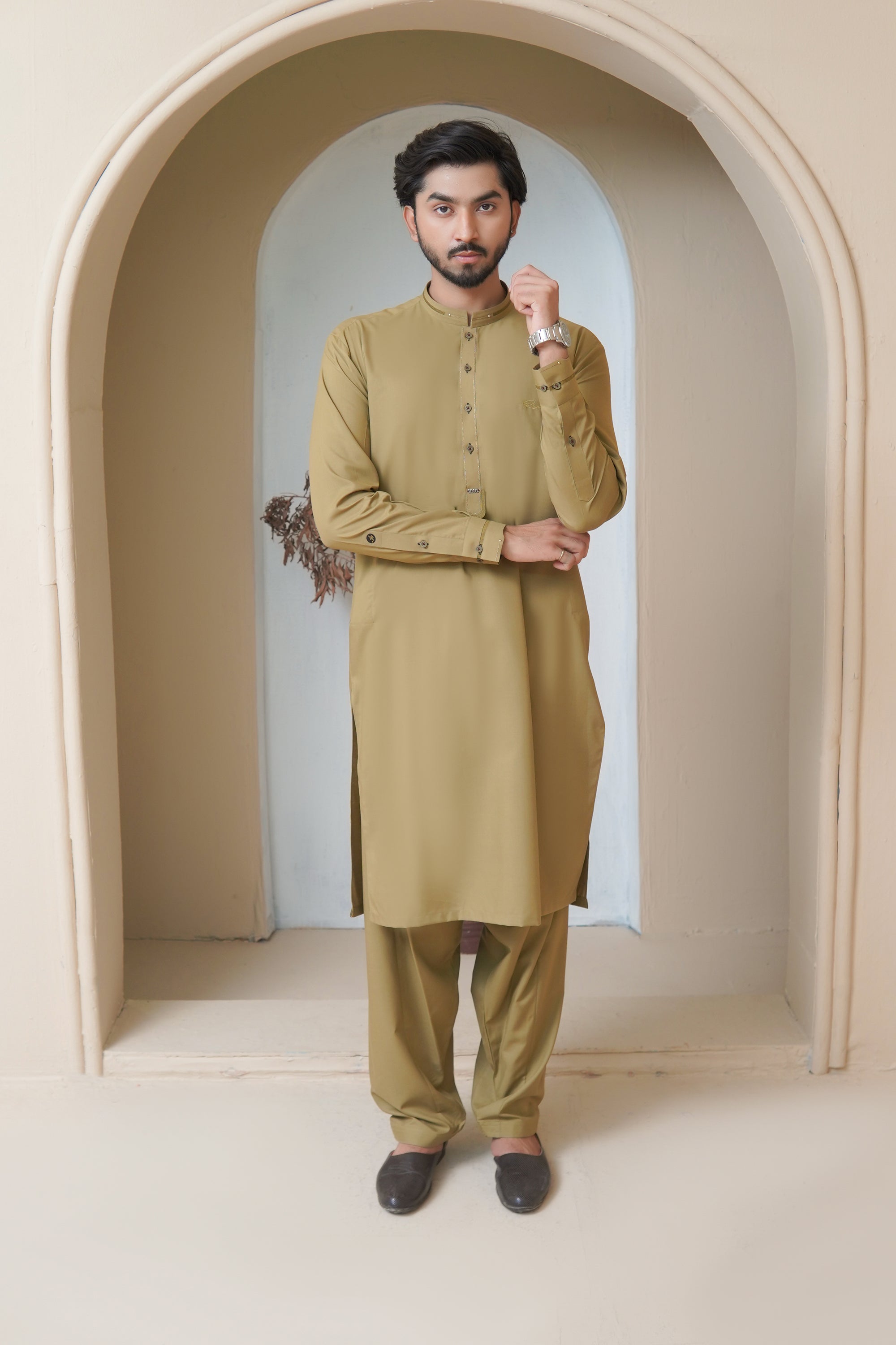 Olive Embellished Wash & Wear Shalwar Kameez (2-Piece) - Image 4