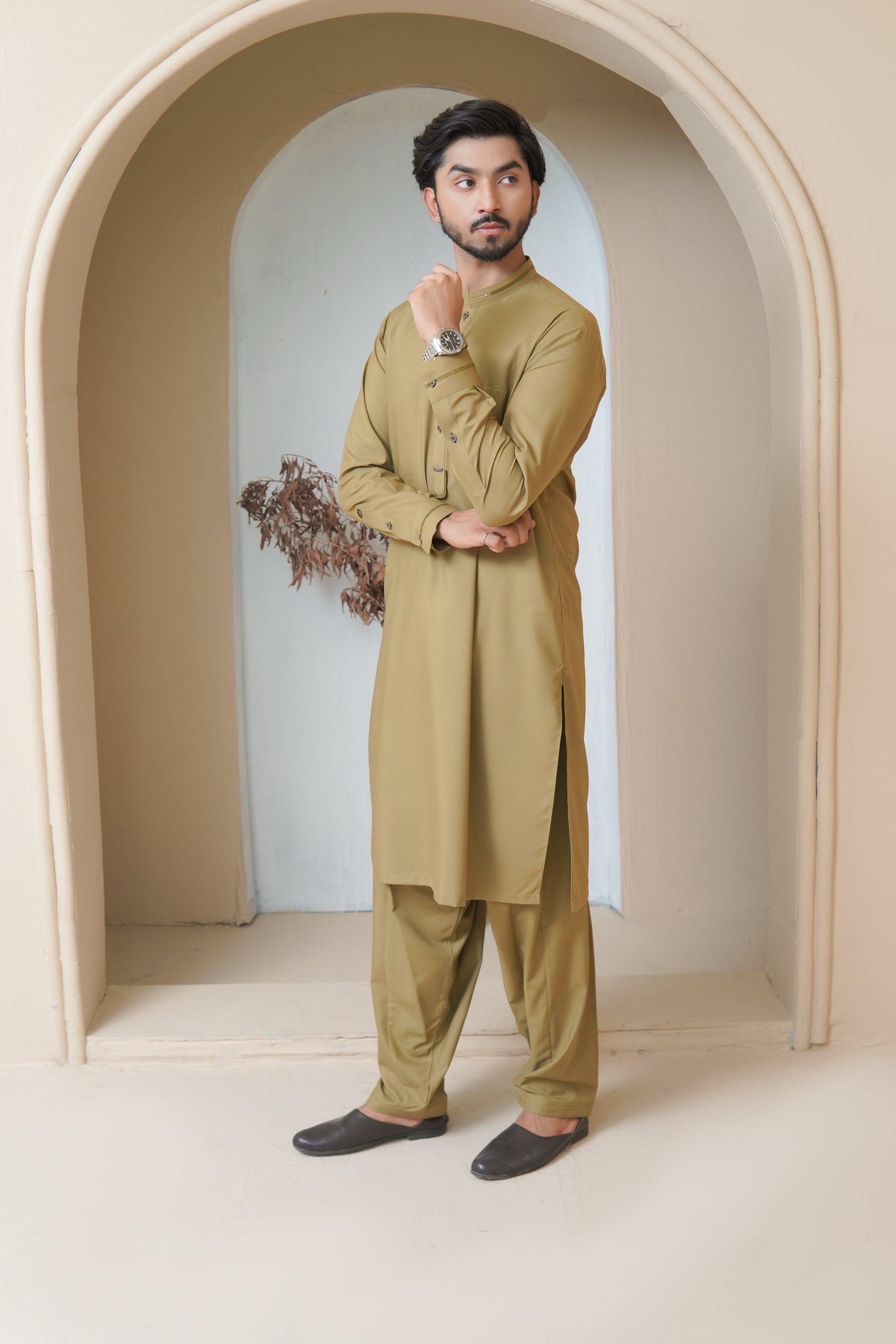 Olive Embellished Wash & Wear Shalwar Kameez (2-Piece) - Image 5