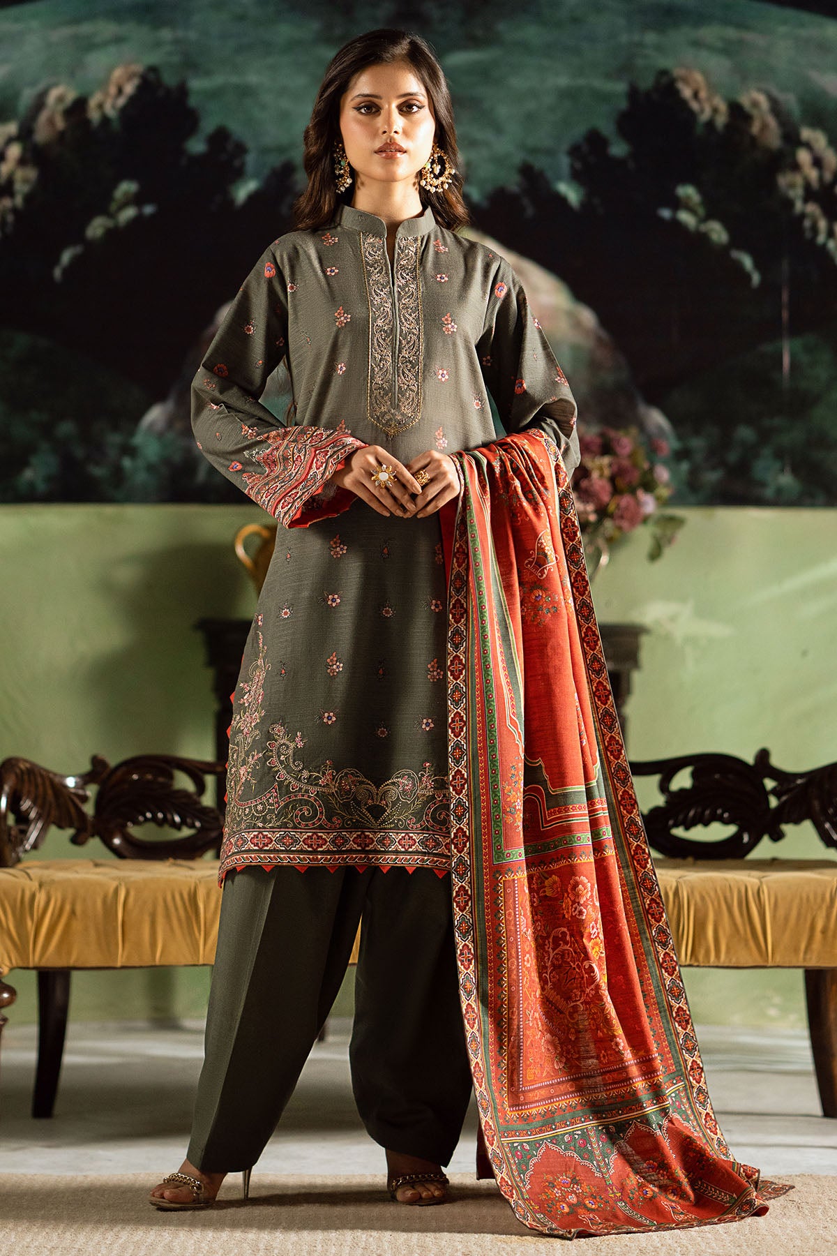 Pakistani Olive Embroidered Digital Printed Khaddar 3-Piece Suit - Image 1