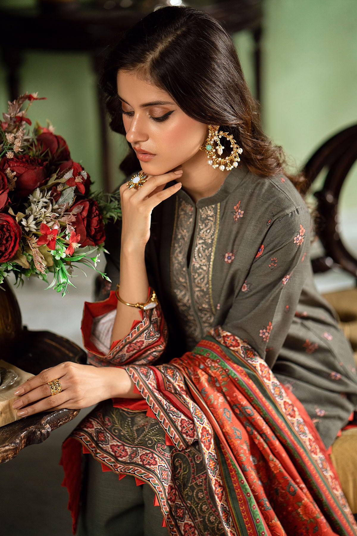 Pakistani Olive Embroidered Digital Printed Khaddar 3-Piece Suit - Image 2