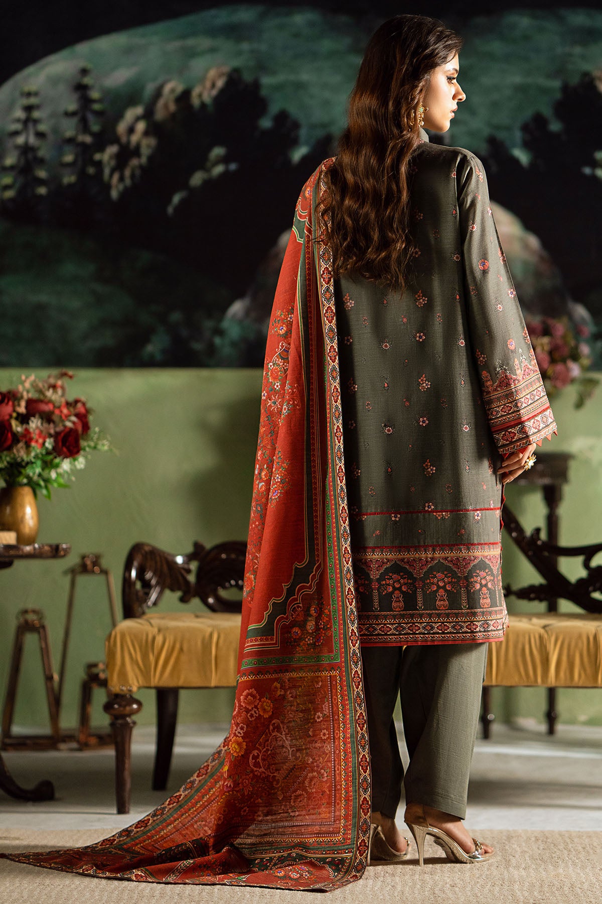 Pakistani Olive Embroidered Digital Printed Khaddar 3-Piece Suit - Image 3