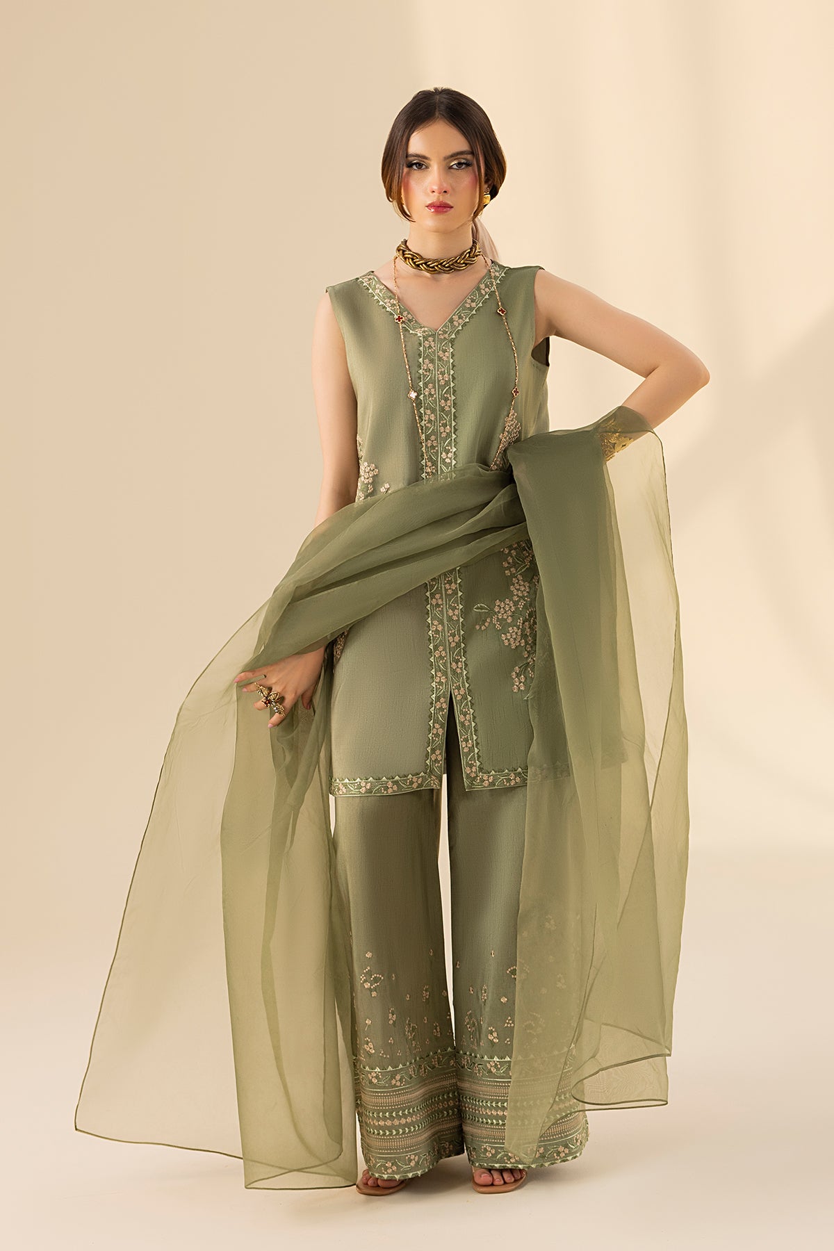 Olive Embroidered Korean Silk Salwar Kameez (3-Piece) - Image 1
