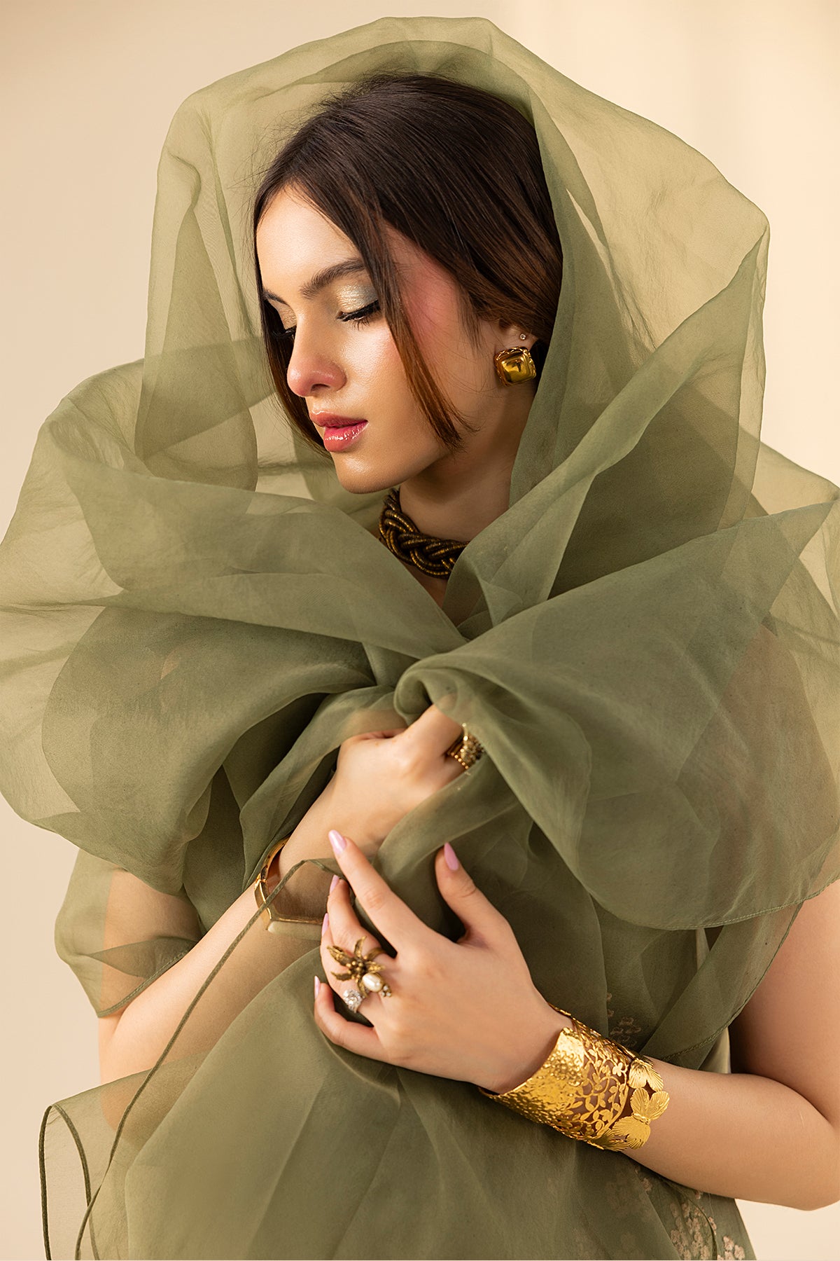 Olive Embroidered Korean Silk Salwar Kameez (3-Piece) - Image 10