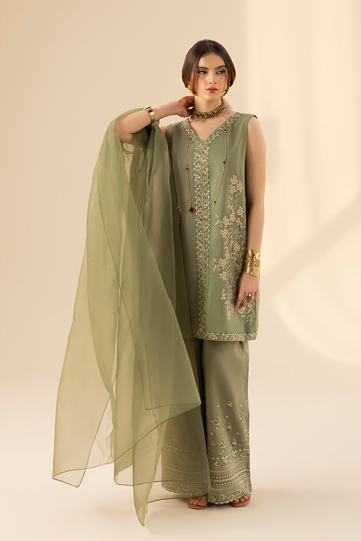 Olive Embroidered Korean Silk Salwar Kameez (3-Piece) - Image 11