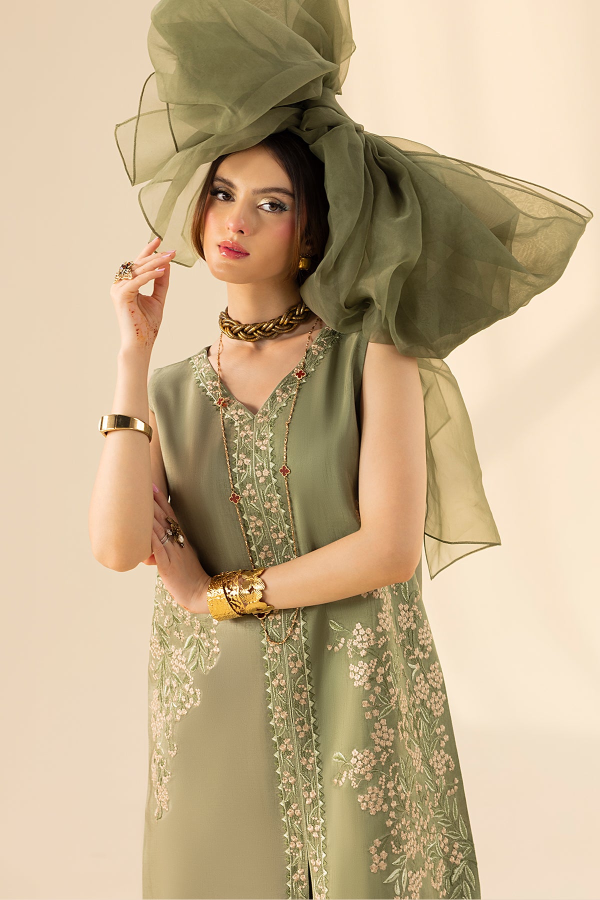 Olive Embroidered Korean Silk Salwar Kameez (3-Piece) - Image 14