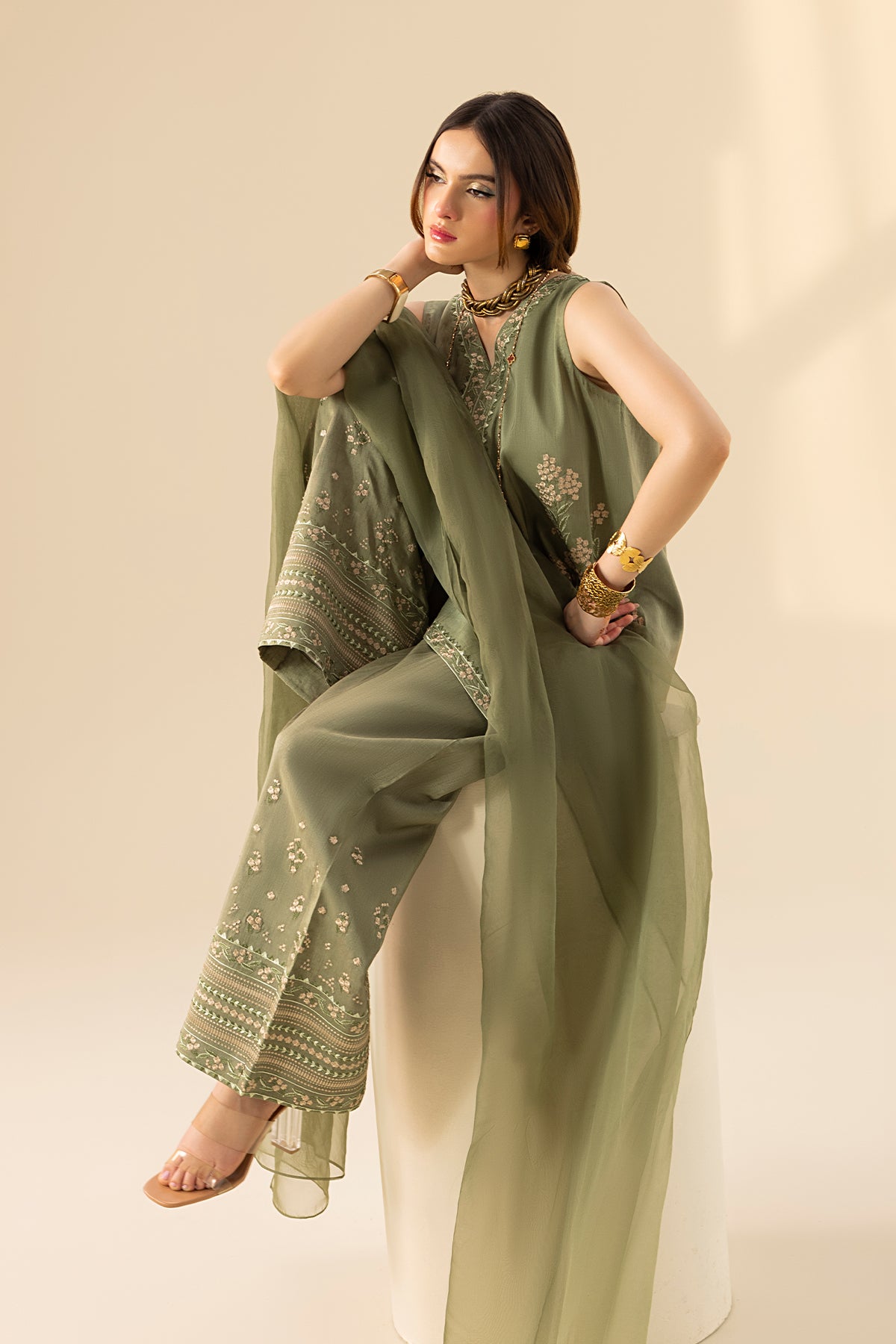 Olive Embroidered Korean Silk Salwar Kameez (3-Piece) - Image 2