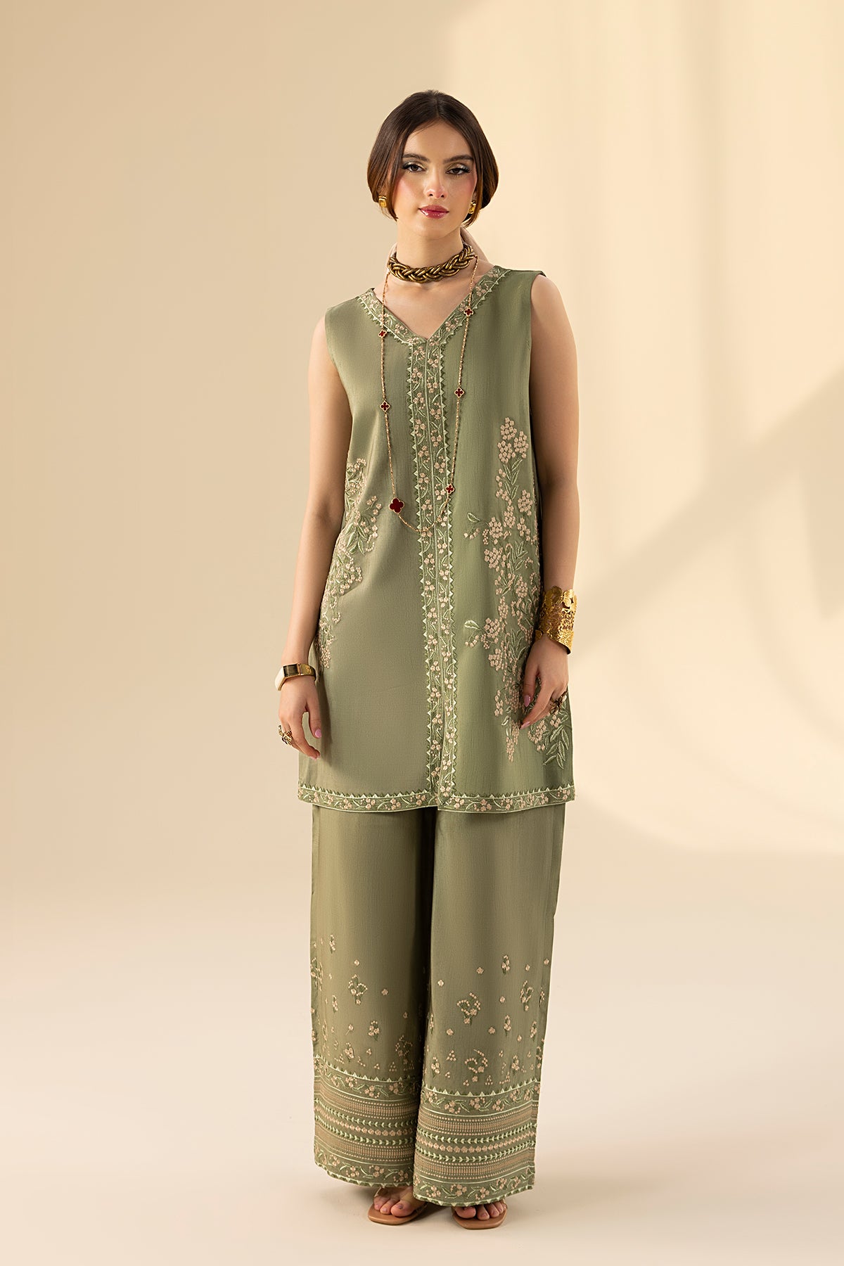 Olive Embroidered Korean Silk Salwar Kameez (3-Piece) - Image 3