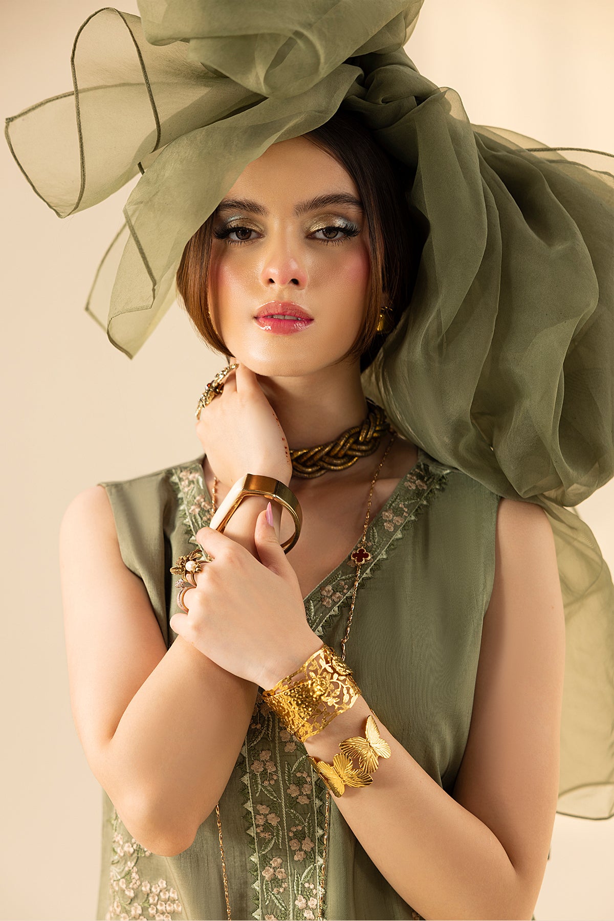 Olive Embroidered Korean Silk Salwar Kameez (3-Piece) - Image 4