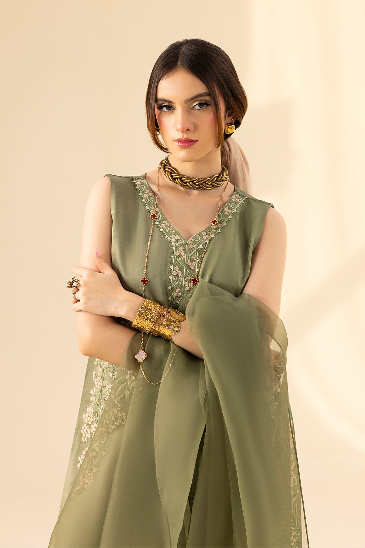 Olive Embroidered Korean Silk Salwar Kameez (3-Piece) - Image 5