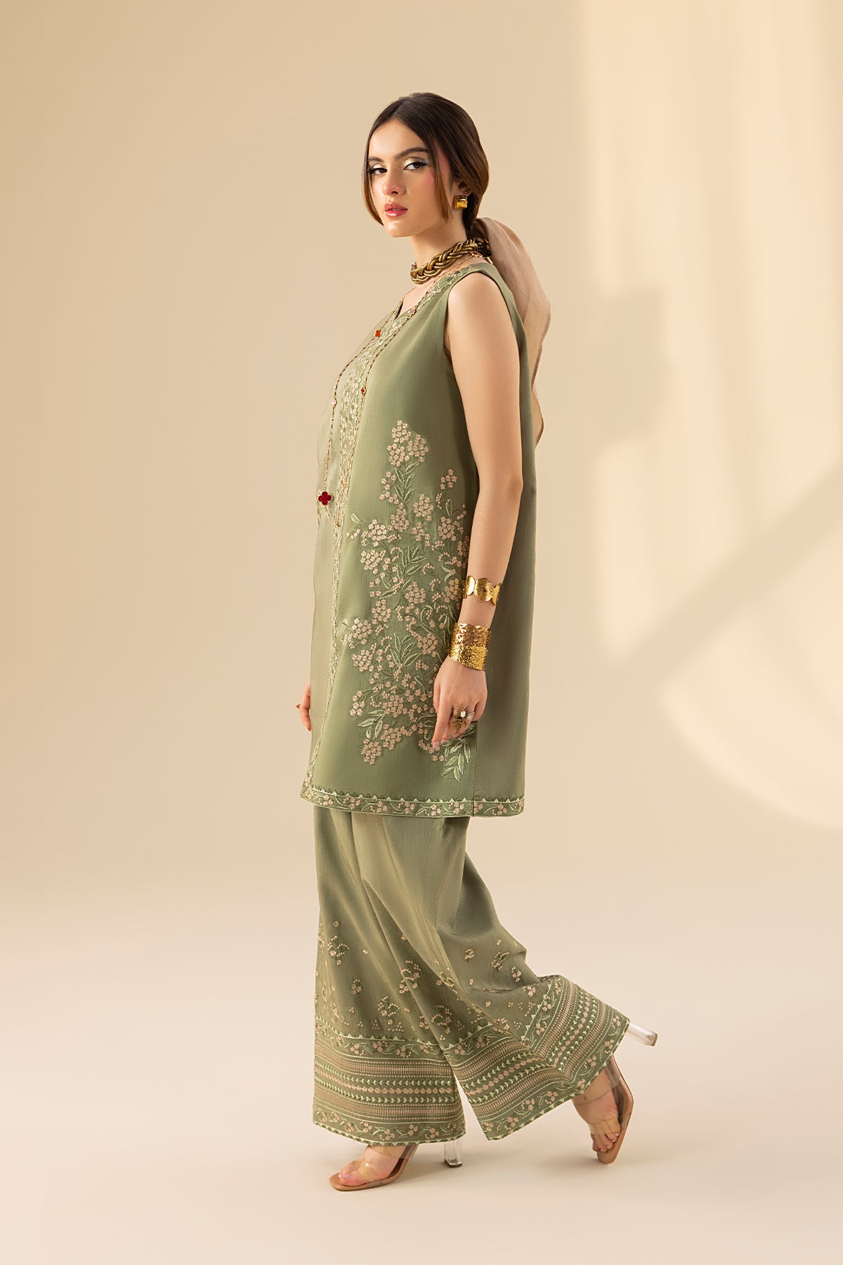 Olive Embroidered Korean Silk Salwar Kameez (3-Piece) - Image 6