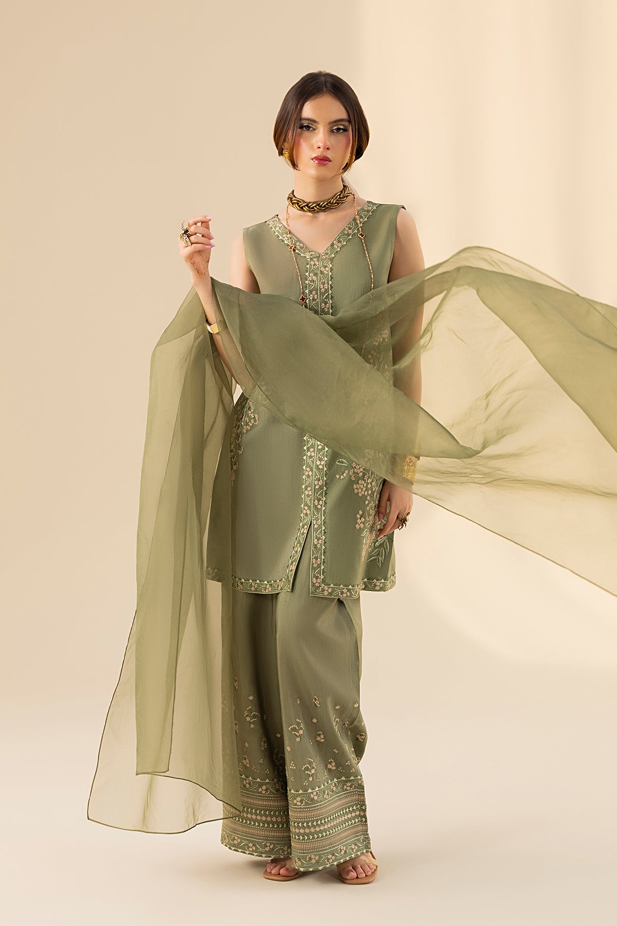 Olive Embroidered Korean Silk Salwar Kameez (3-Piece) - Image 7