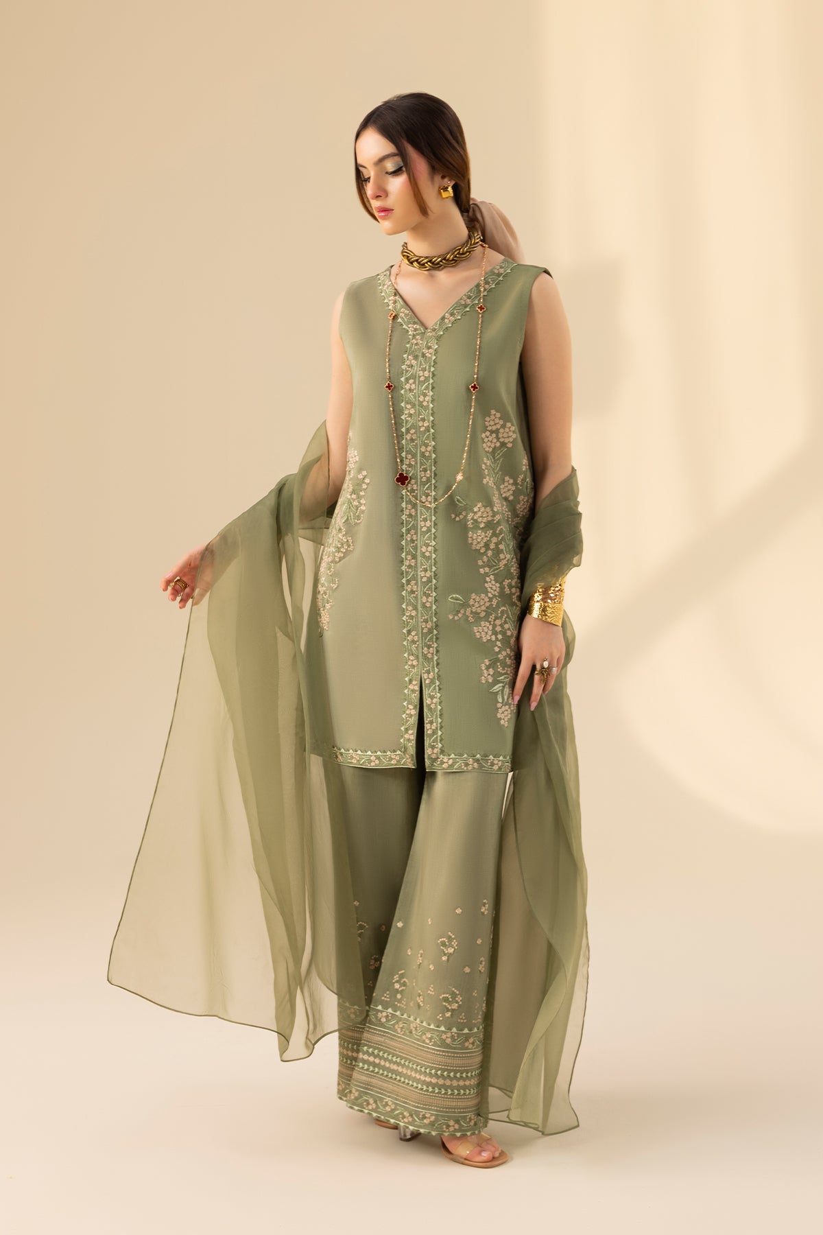 Olive Embroidered Korean Silk Salwar Kameez (3-Piece) - Image 9