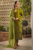 Pakistani Olive Schiffli Raw Silk Salwar Kameez (3-Piece) - Image 2