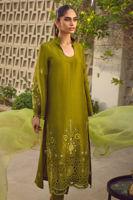 Pakistani Olive Schiffli Raw Silk Salwar Kameez (3-Piece) - Image 3