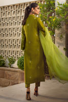 Pakistani Olive Schiffli Raw Silk Salwar Kameez (3-Piece) - Image 5