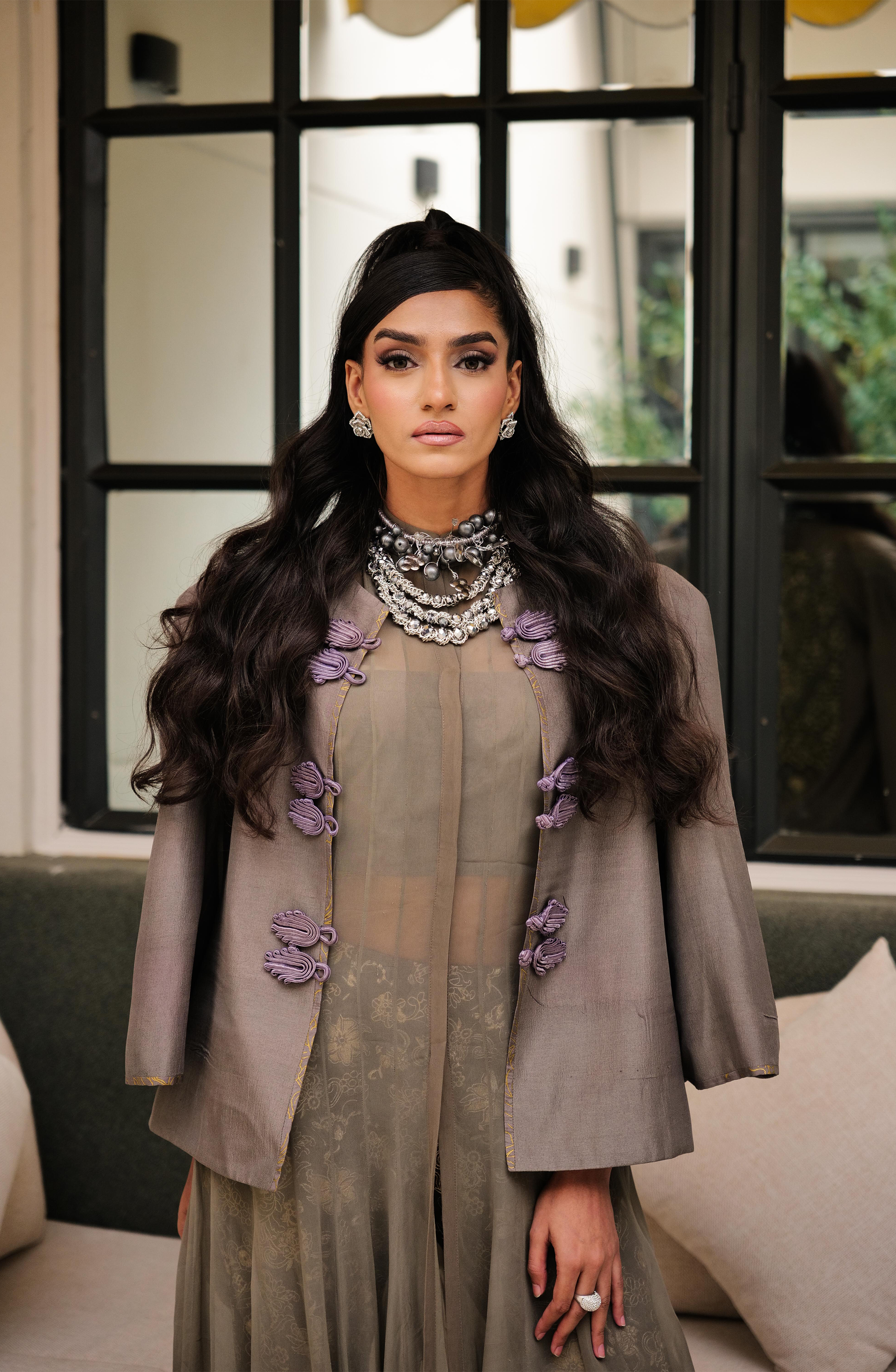 Pakistani Olive Grey Embroidered Silk-Blend Salwar Kameez (3-Piece) - Image 1
