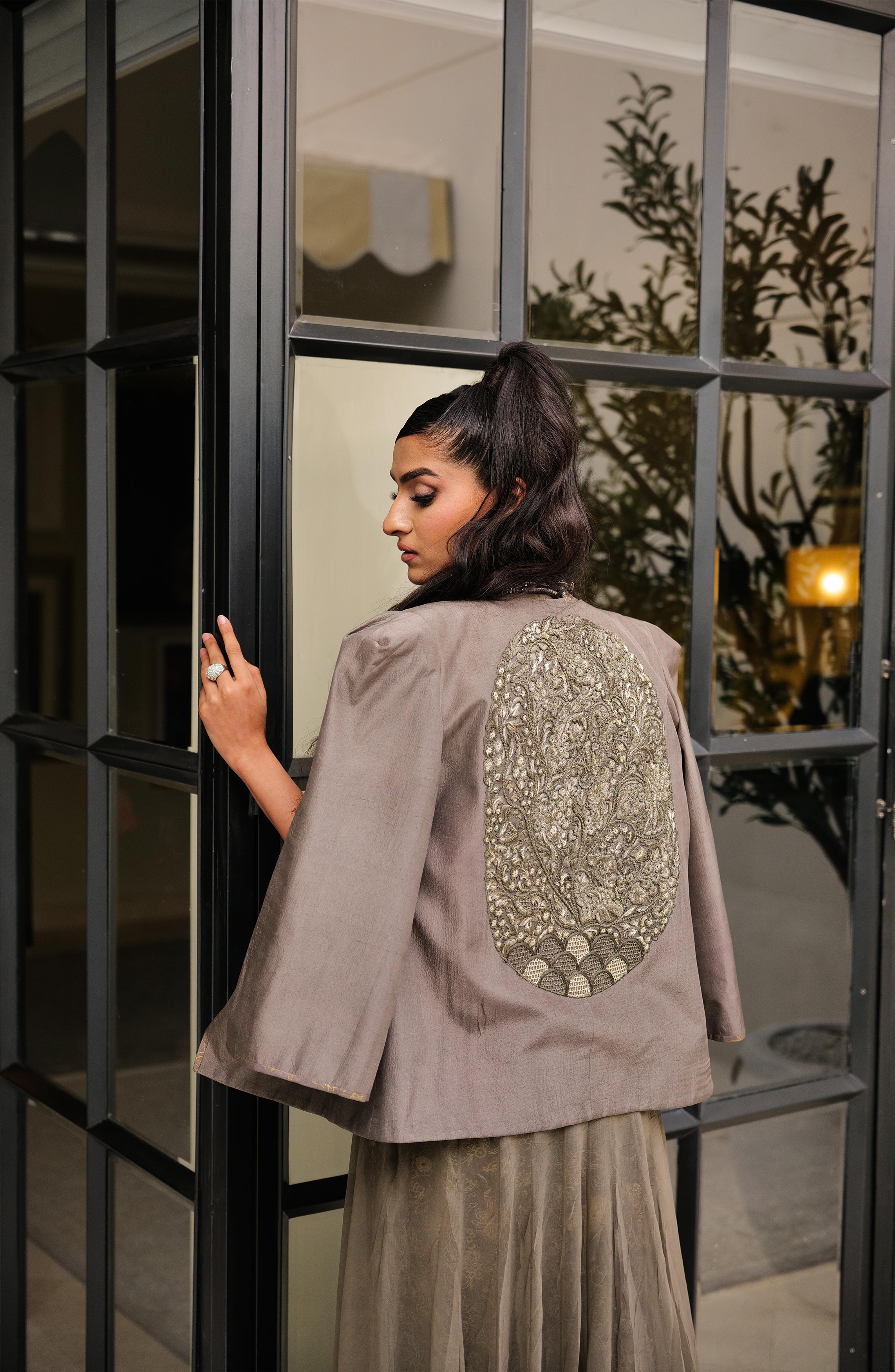 Pakistani Olive Grey Embroidered Silk-Blend Salwar Kameez (3-Piece) - Image 6