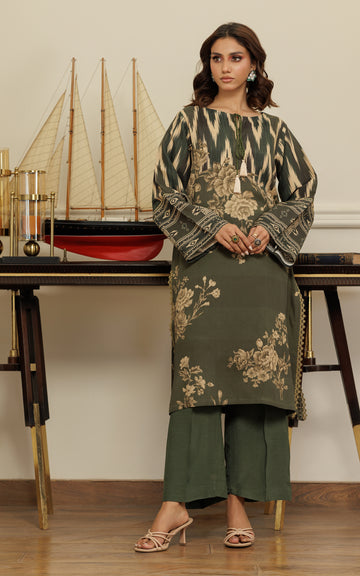 Pakistani Olive Printed Viscose Silk Tunic (2-Piece) - Image 2