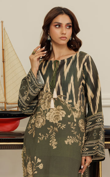 Pakistani Olive Printed Viscose Silk Tunic (2-Piece) - Image 3