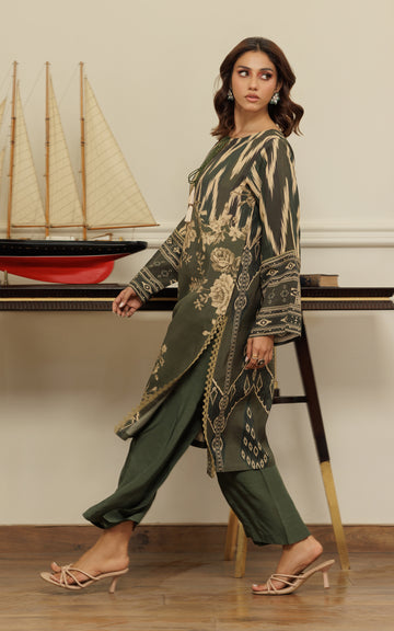 Pakistani Olive Printed Viscose Silk Tunic (2-Piece) - Image 4