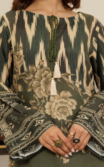 Pakistani Olive Printed Viscose Silk Tunic (2-Piece) - Image 5