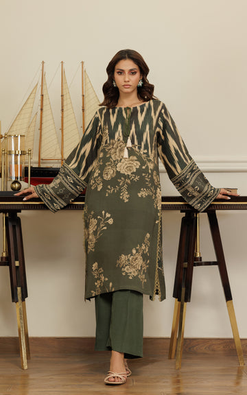 Pakistani Olive Printed Viscose Silk Tunic (2-Piece) - Image 6