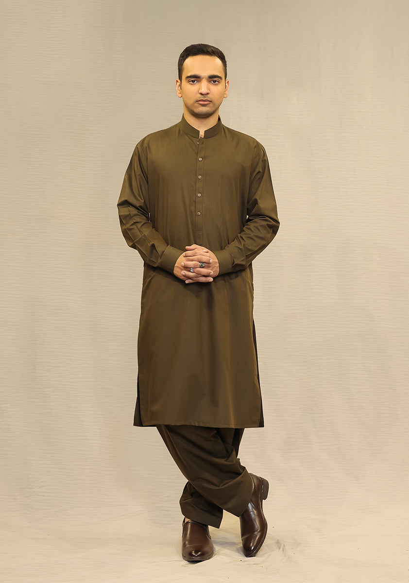 Military Olive Poly Viscose Shalwar Kameez (2-Piece) - Image 1