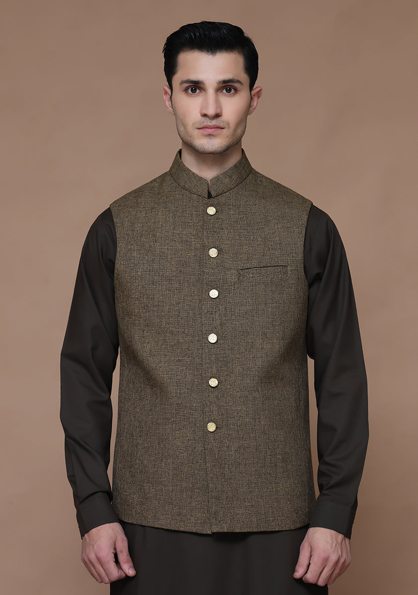 Olive Brown Jute Blend Waistcoat (1-Pc) - Image 1
