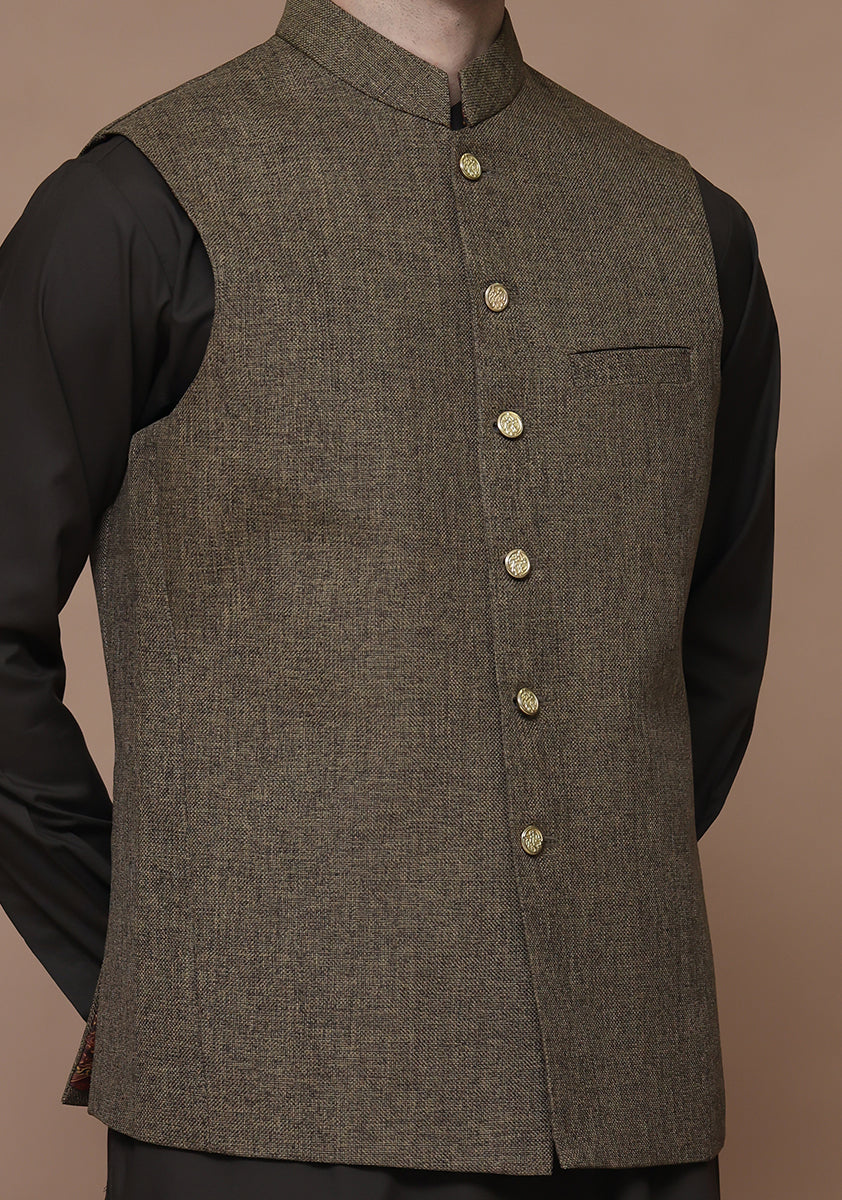 Olive Brown Jute Blend Waistcoat (1-Pc) - Image 2