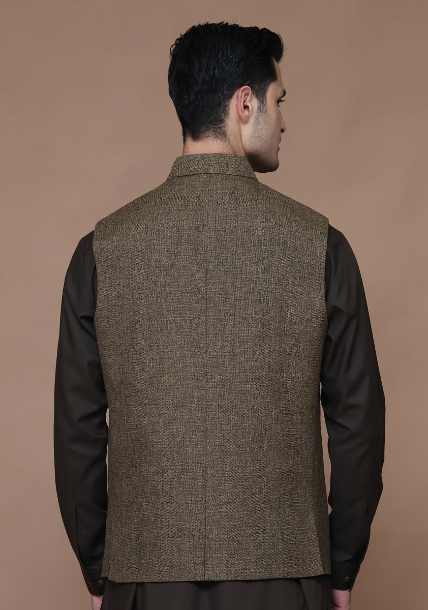 Olive Brown Jute Blend Waistcoat (1-Pc) - Image 4