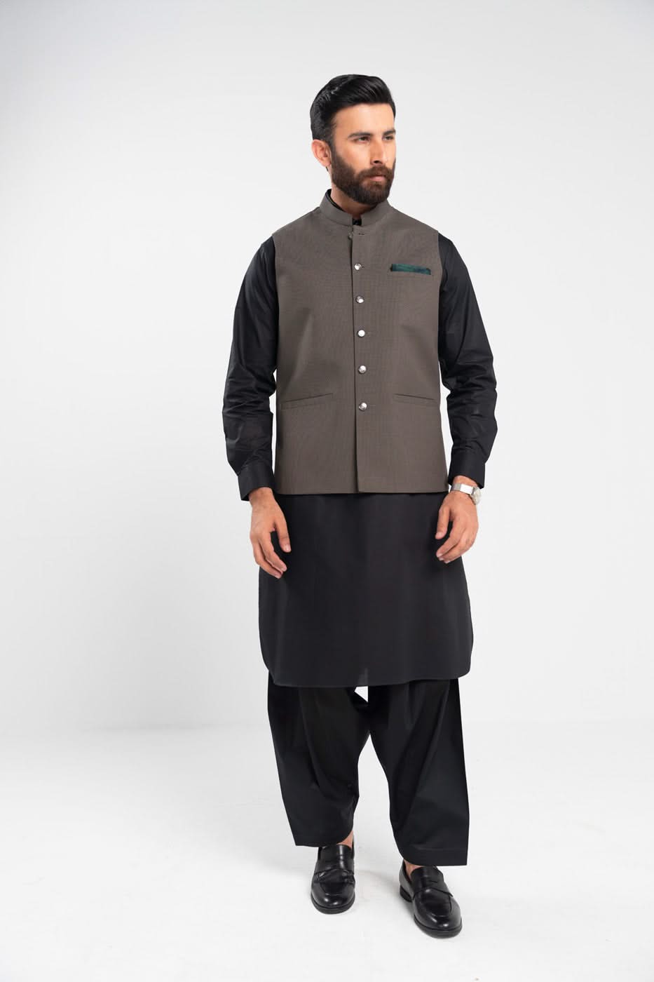 Olive Green Blended Waistcoat Kurta Set (3-Piece) - Image 1