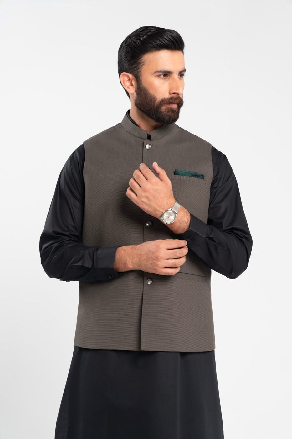 Olive Green Blended Waistcoat Kurta Set (3-Piece) - Image 2