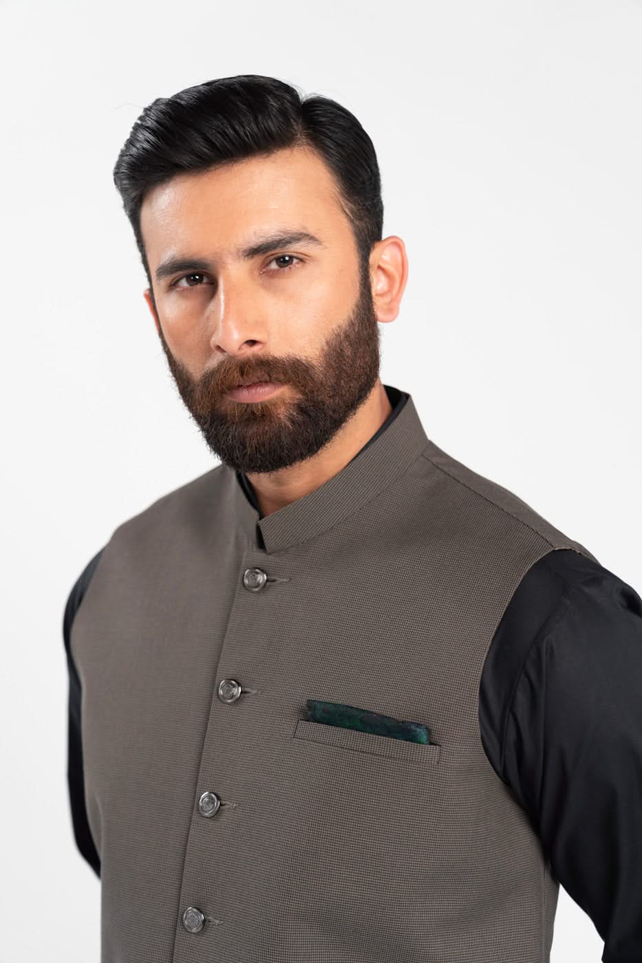 Olive Green Blended Waistcoat Kurta Set (3-Piece) - Image 3