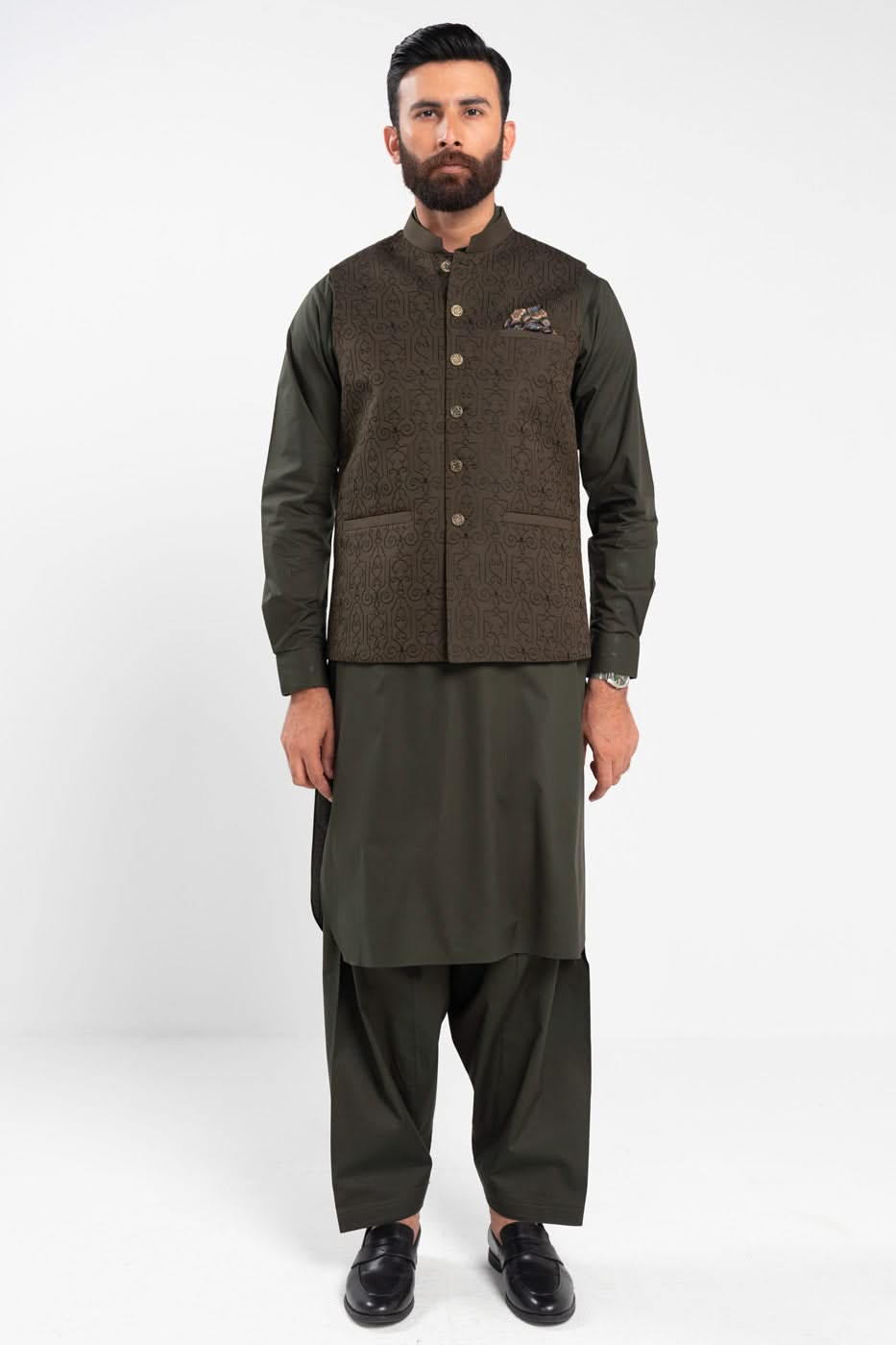 Olive Green Jacquard Blended Waistcoat Kurta (3-Piece) - Image 1