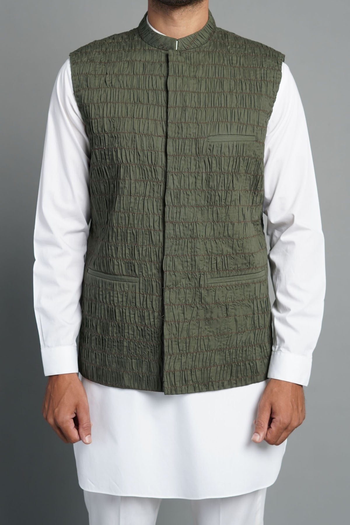 Olive Crushed Egyptian Cotton Waistcoat Kurta (3-Piece) - Image 1