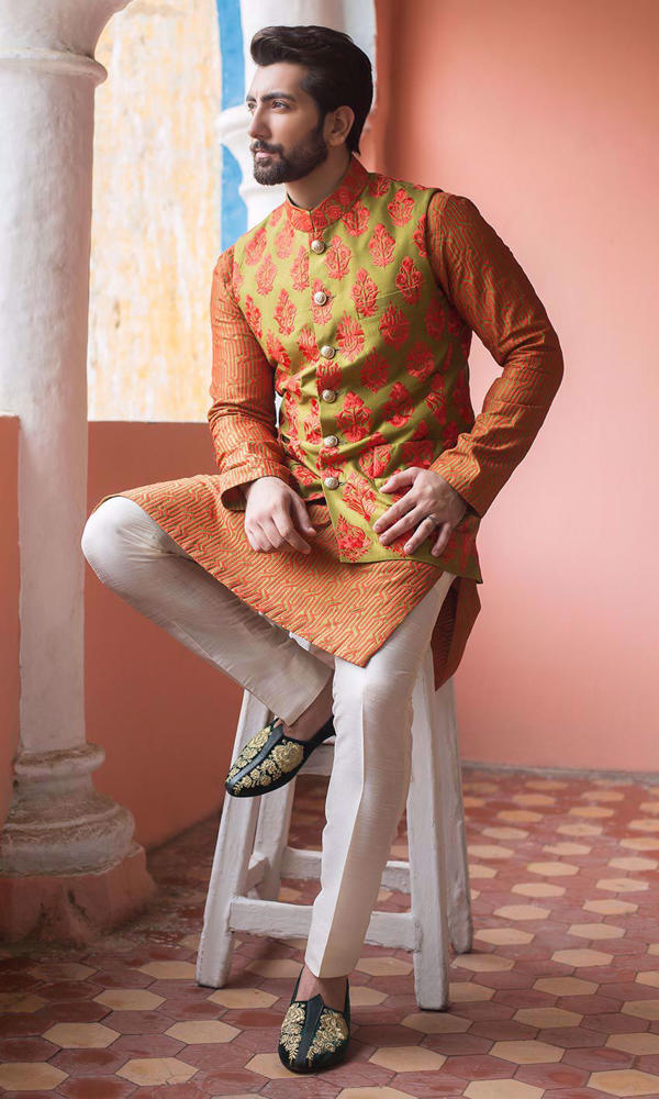 Olive and Orange Embroidered Waistcoat Kurta (3-Piece) - Image 3