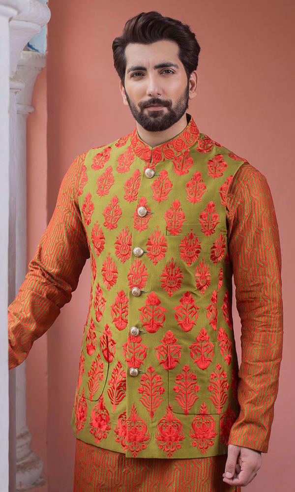 Olive and Orange Embroidered Waistcoat Kurta (3-Piece) - Image 4