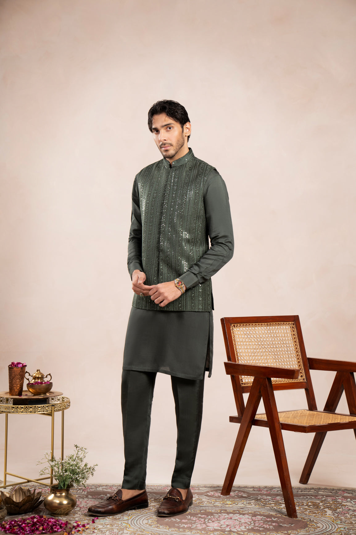 Olive Green Embroidered Raw Silk Waistcoat Kurta (3-Piece) - Image 2