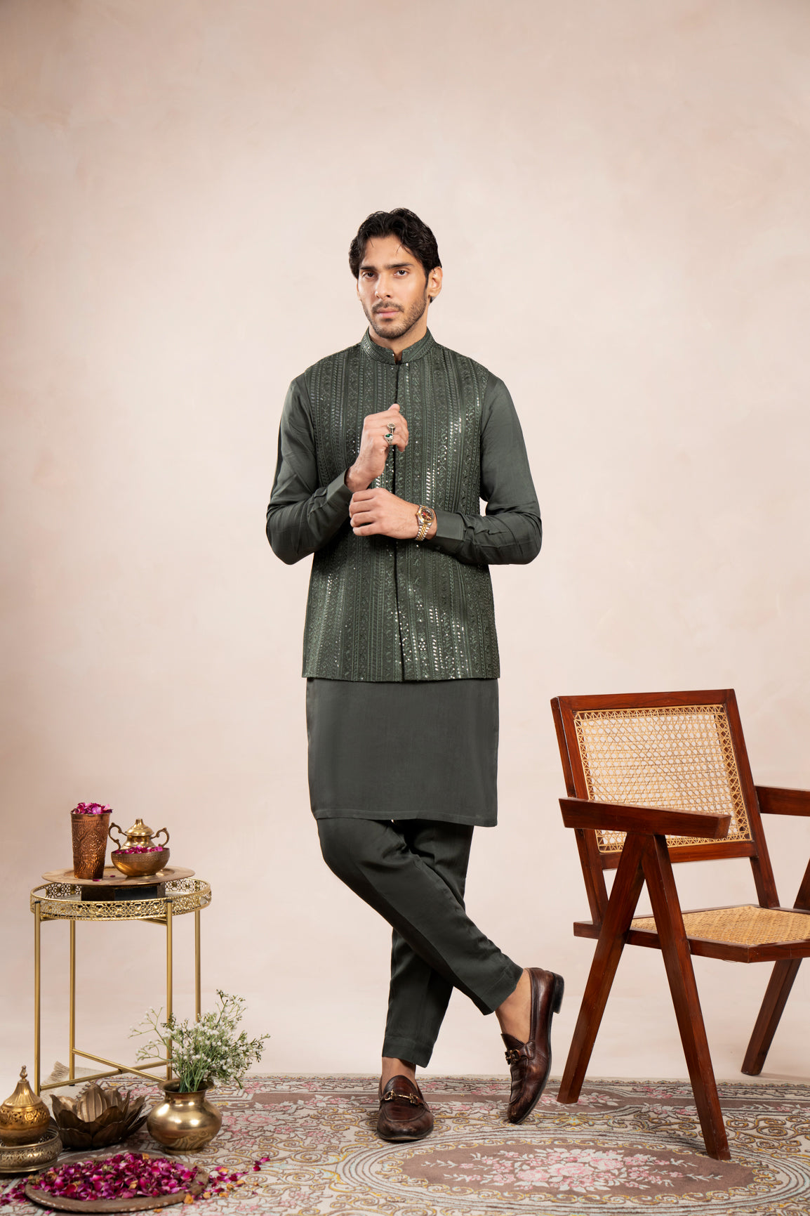 Olive Green Embroidered Raw Silk Waistcoat Kurta (3-Piece) - Image 4