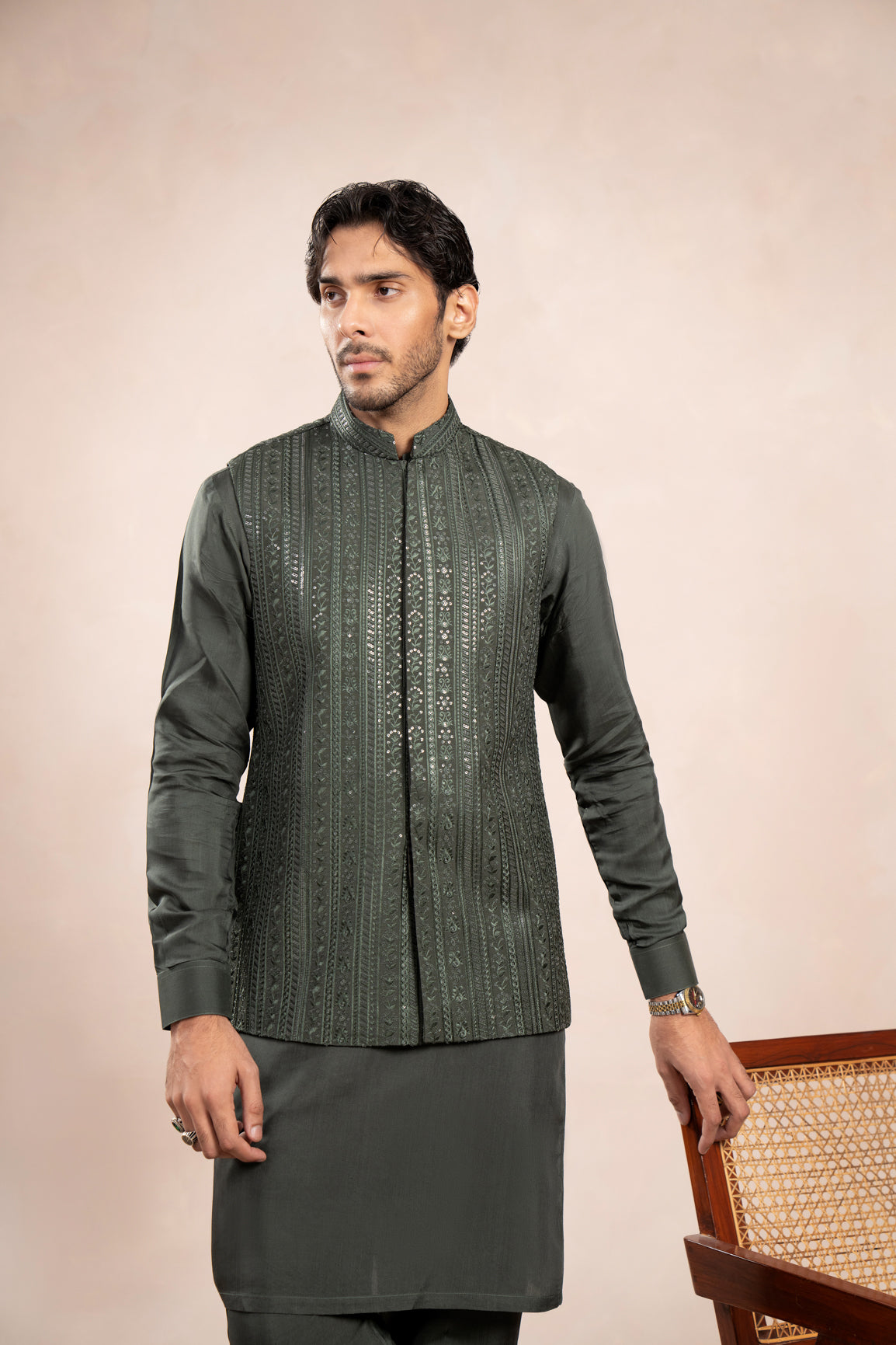 Olive Green Embroidered Raw Silk Waistcoat Kurta (3-Piece) - Image 5
