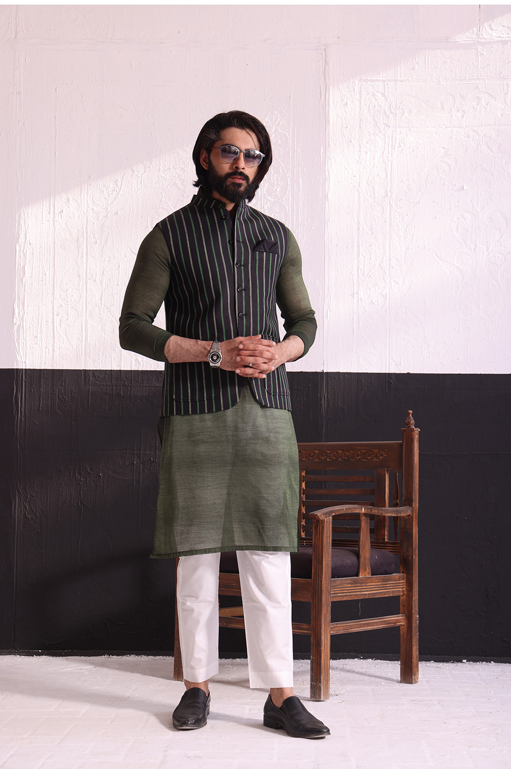 Olive Black Striped Waistcoat Kurta Set (3-Piece) - Image 1