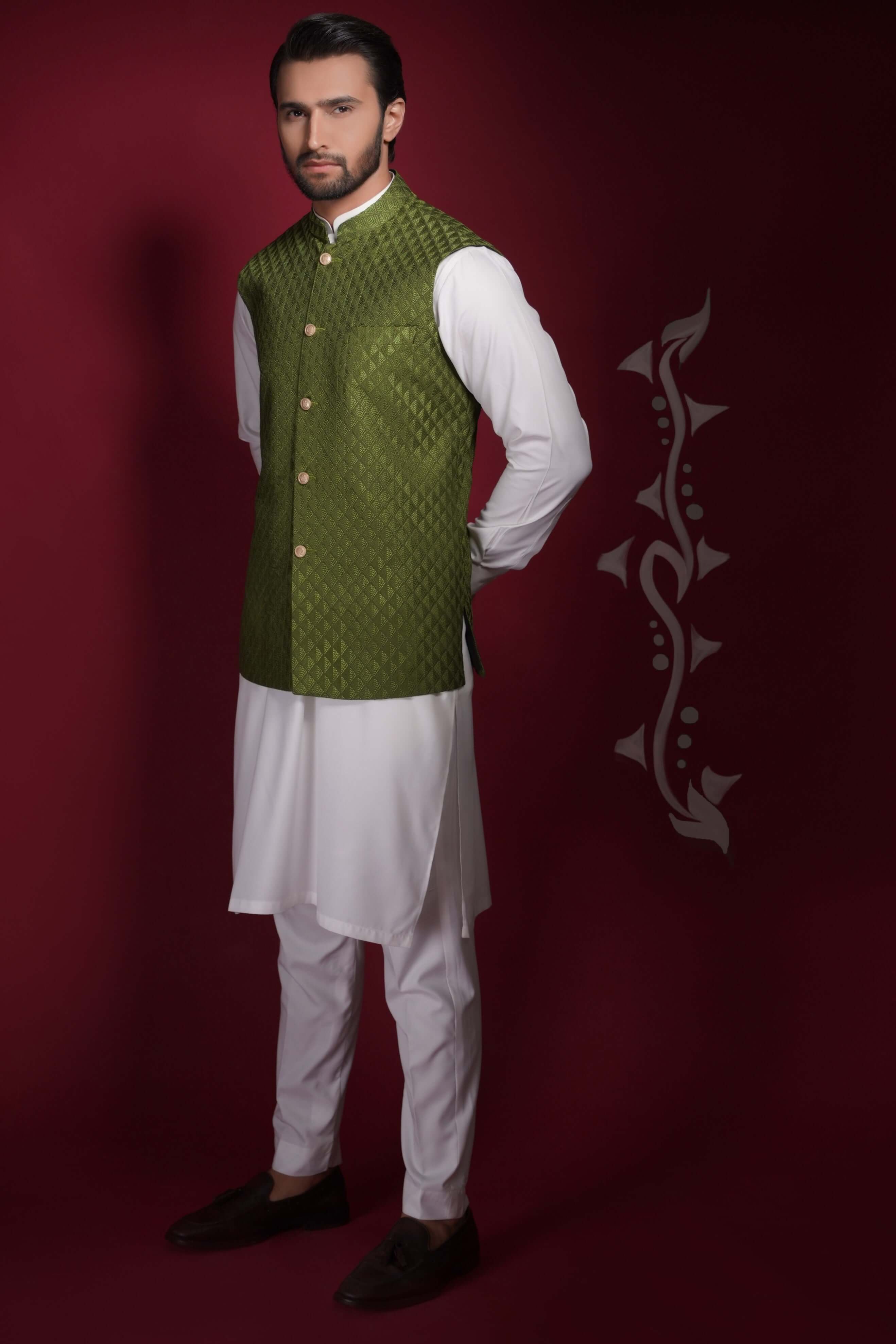 Olive Green Embroidered Waistcoat Kurta Set (3-Piece) - Image 1