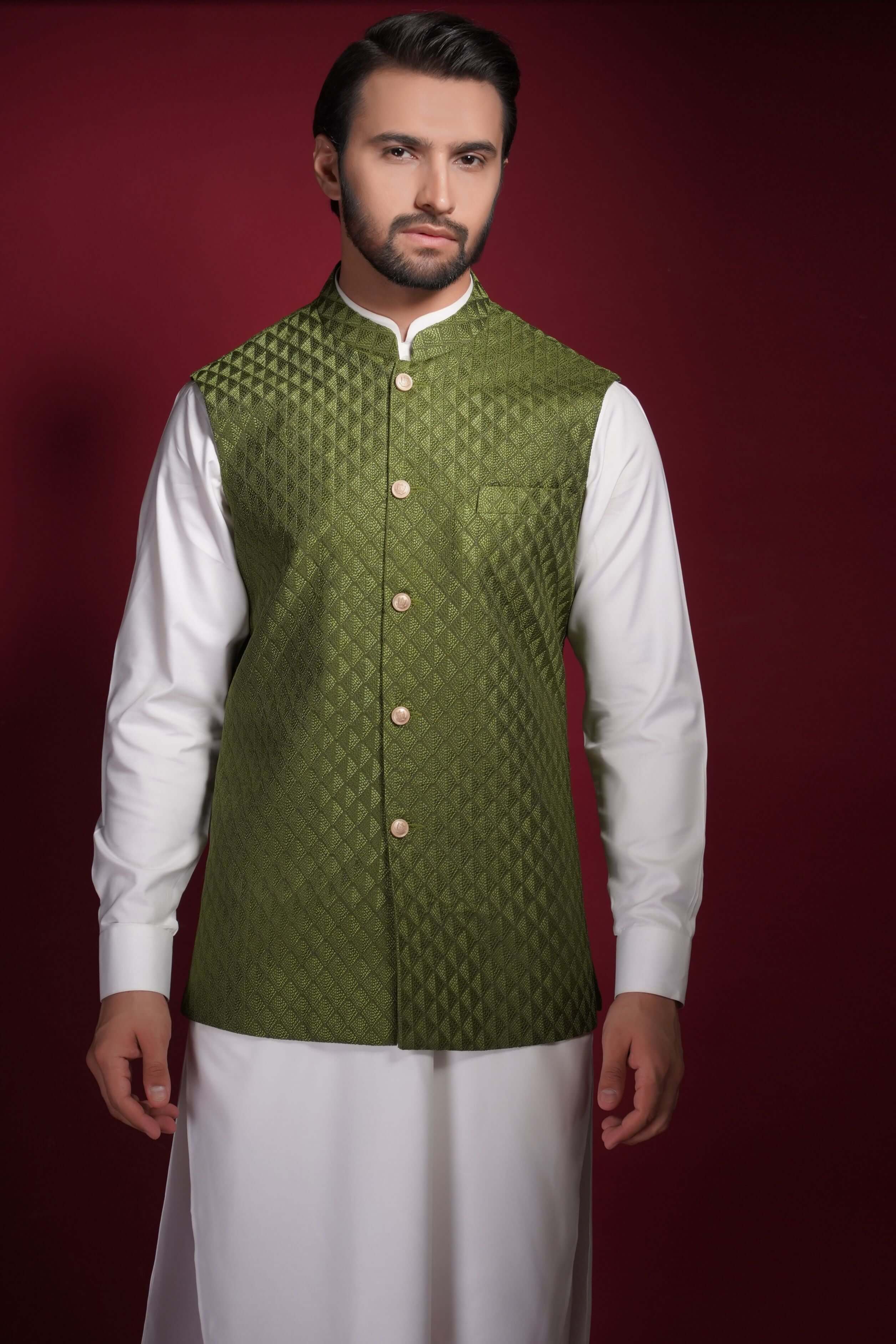 Olive Green Embroidered Waistcoat Kurta Set (3-Piece) - Image 2