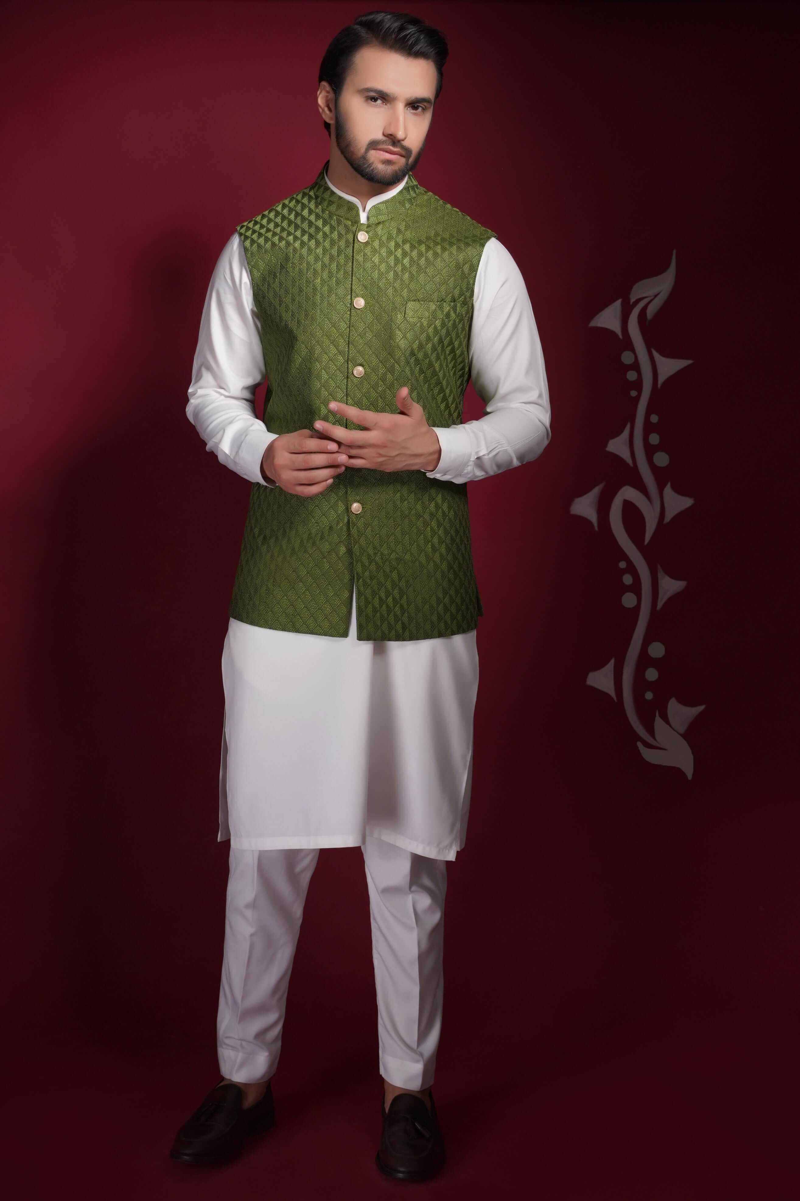 Olive Green Embroidered Waistcoat Kurta Set (3-Piece) - Image 3