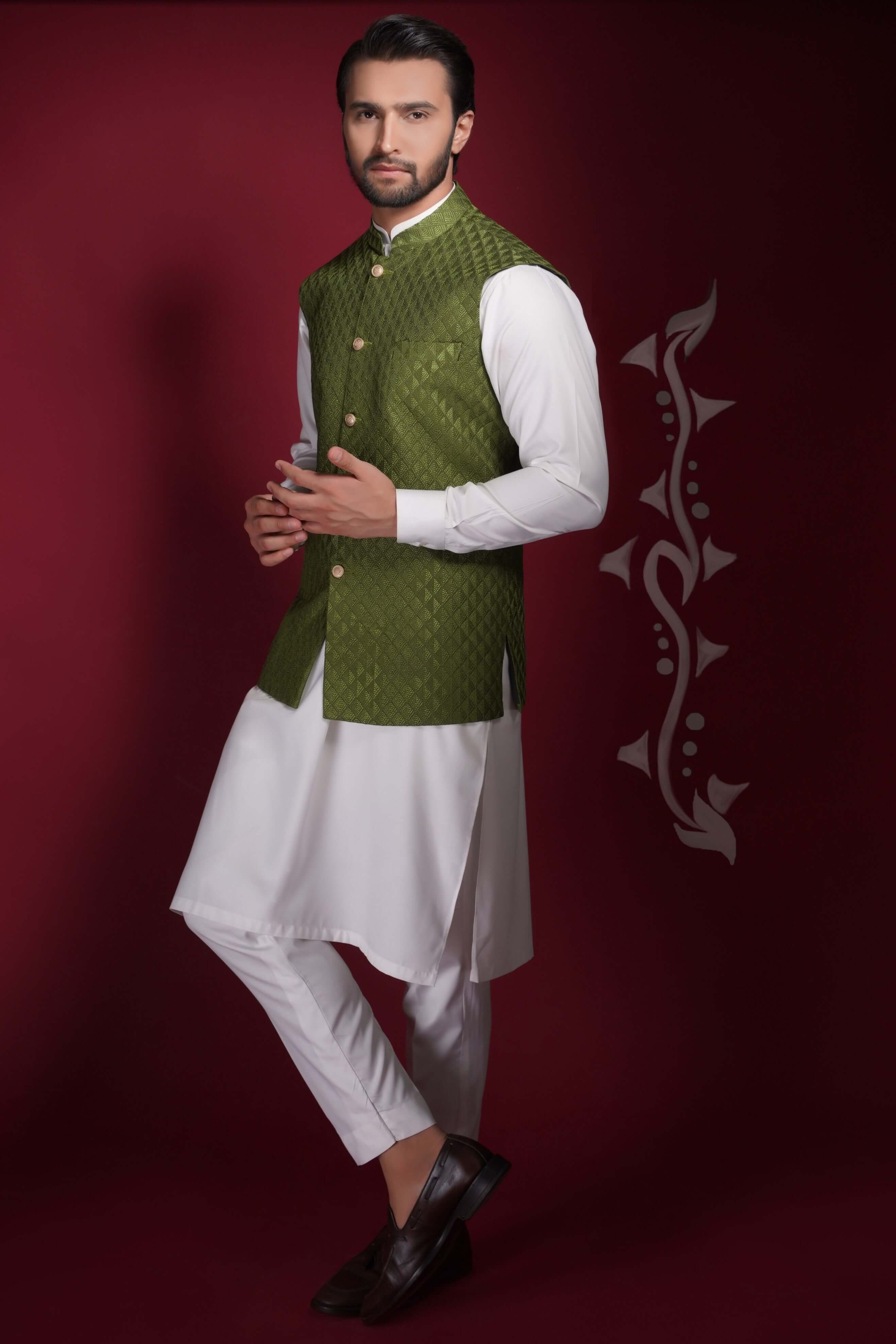 Olive Green Embroidered Waistcoat Kurta Set (3-Piece) - Image 4
