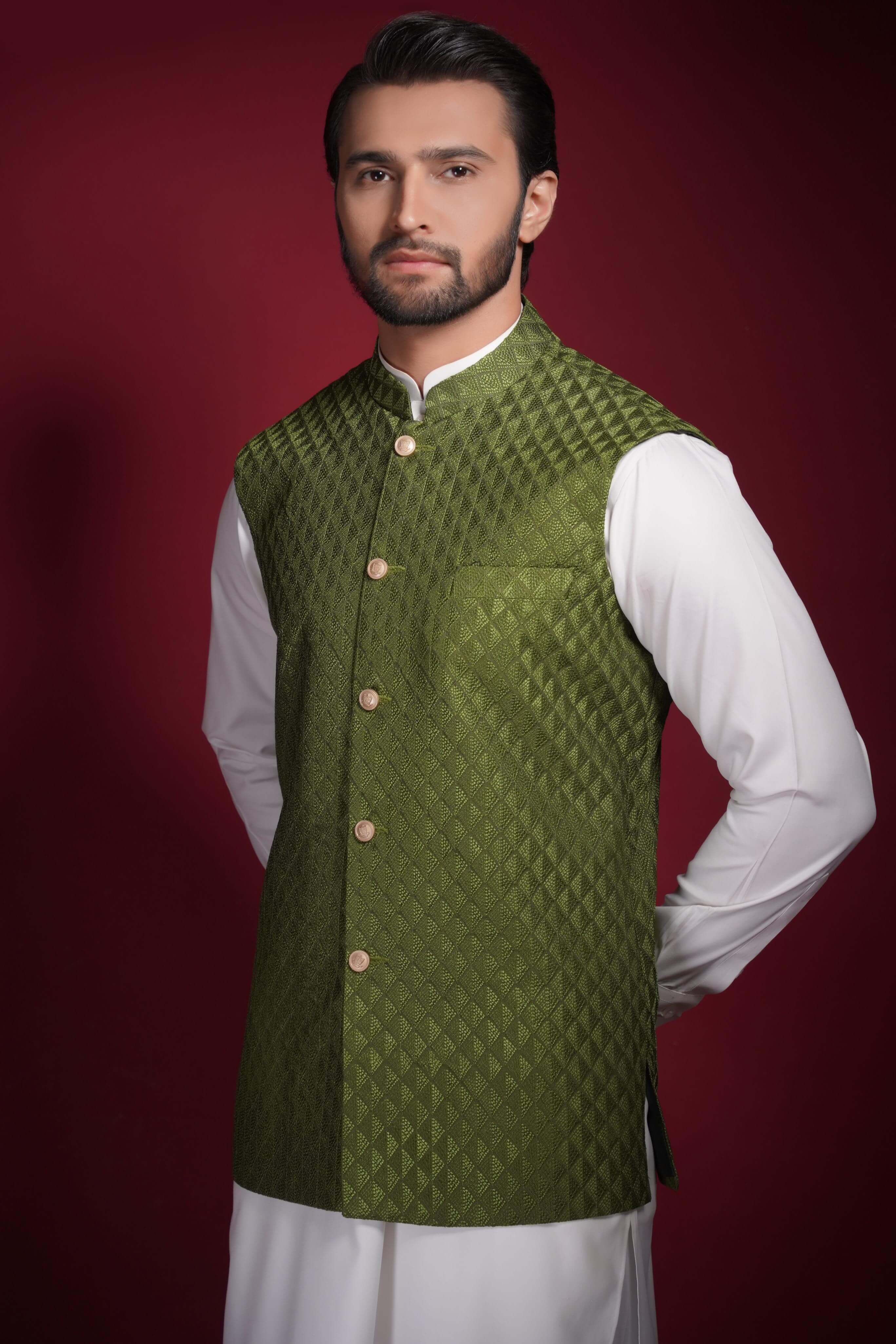Olive Green Embroidered Waistcoat Kurta Set (3-Piece) - Image 5