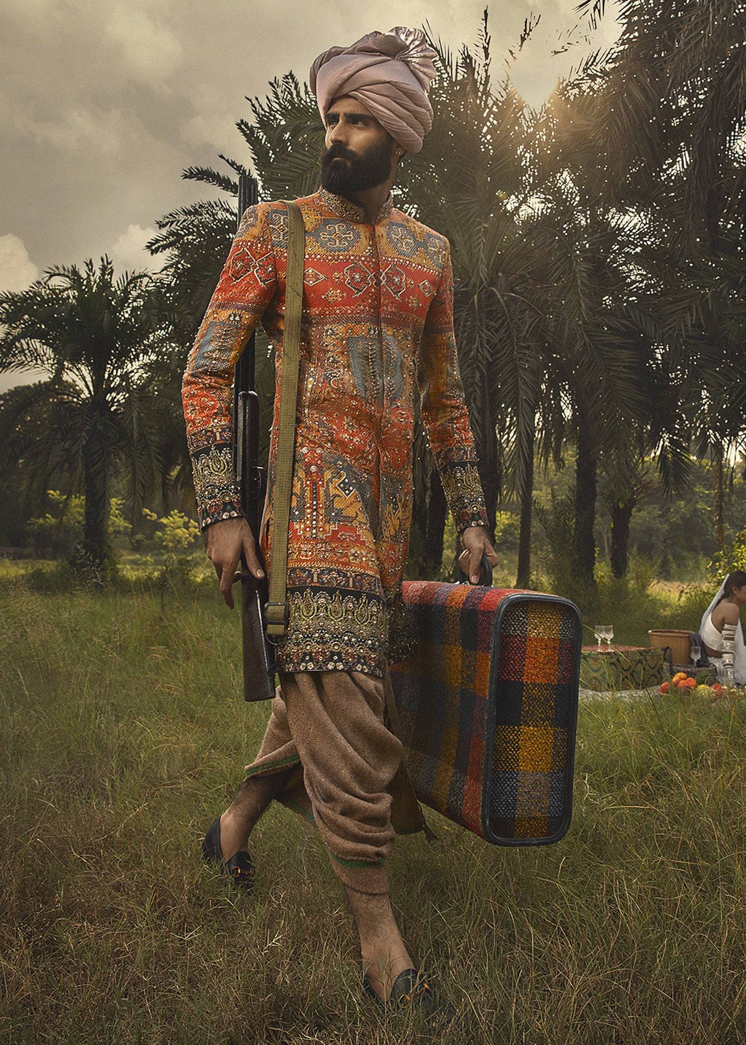 Tangerine Zardozi Cotton Achkan Sherwani (3-Piece) - Image 1