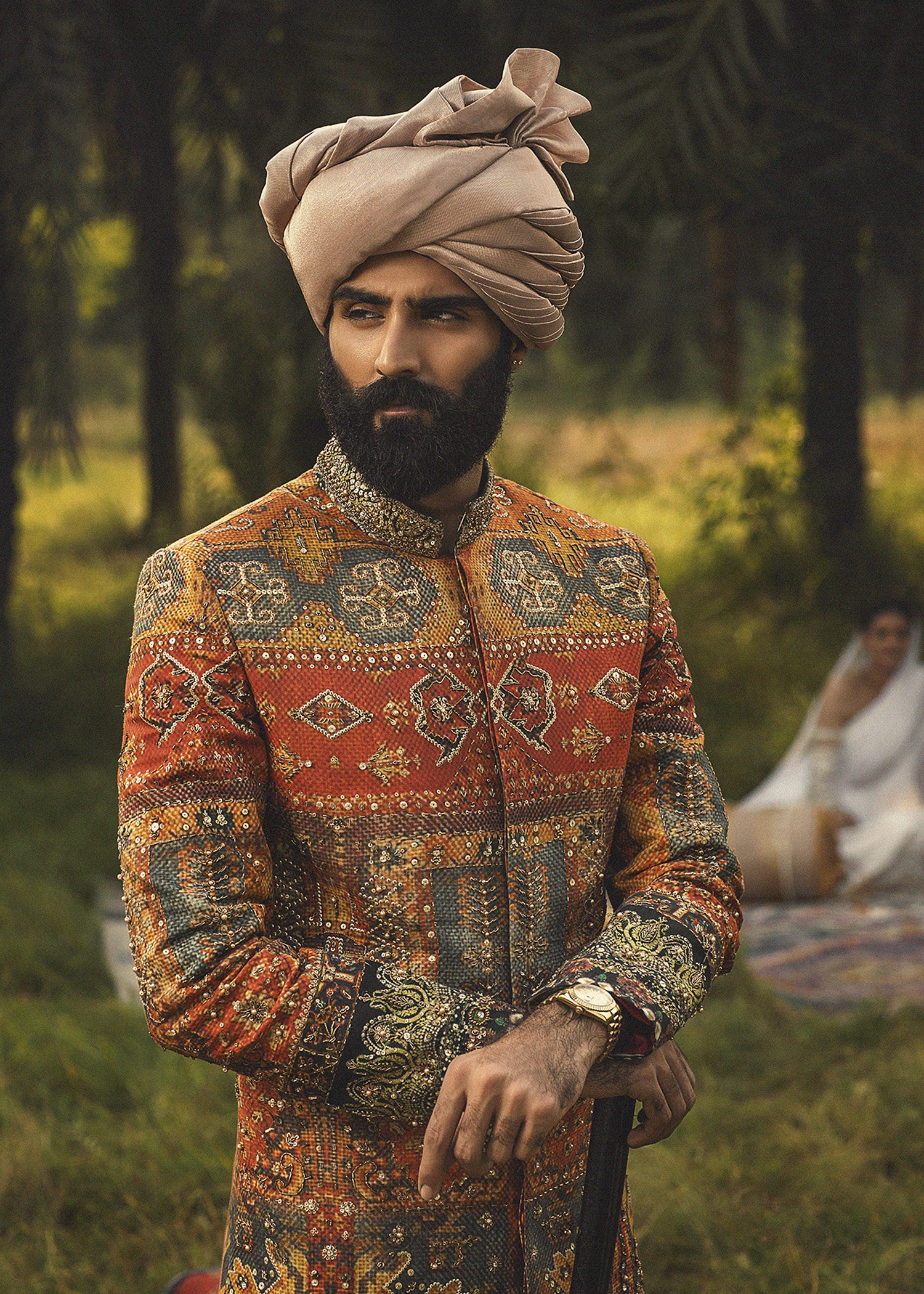 Tangerine Zardozi Cotton Achkan Sherwani (3-Piece) - Image 2