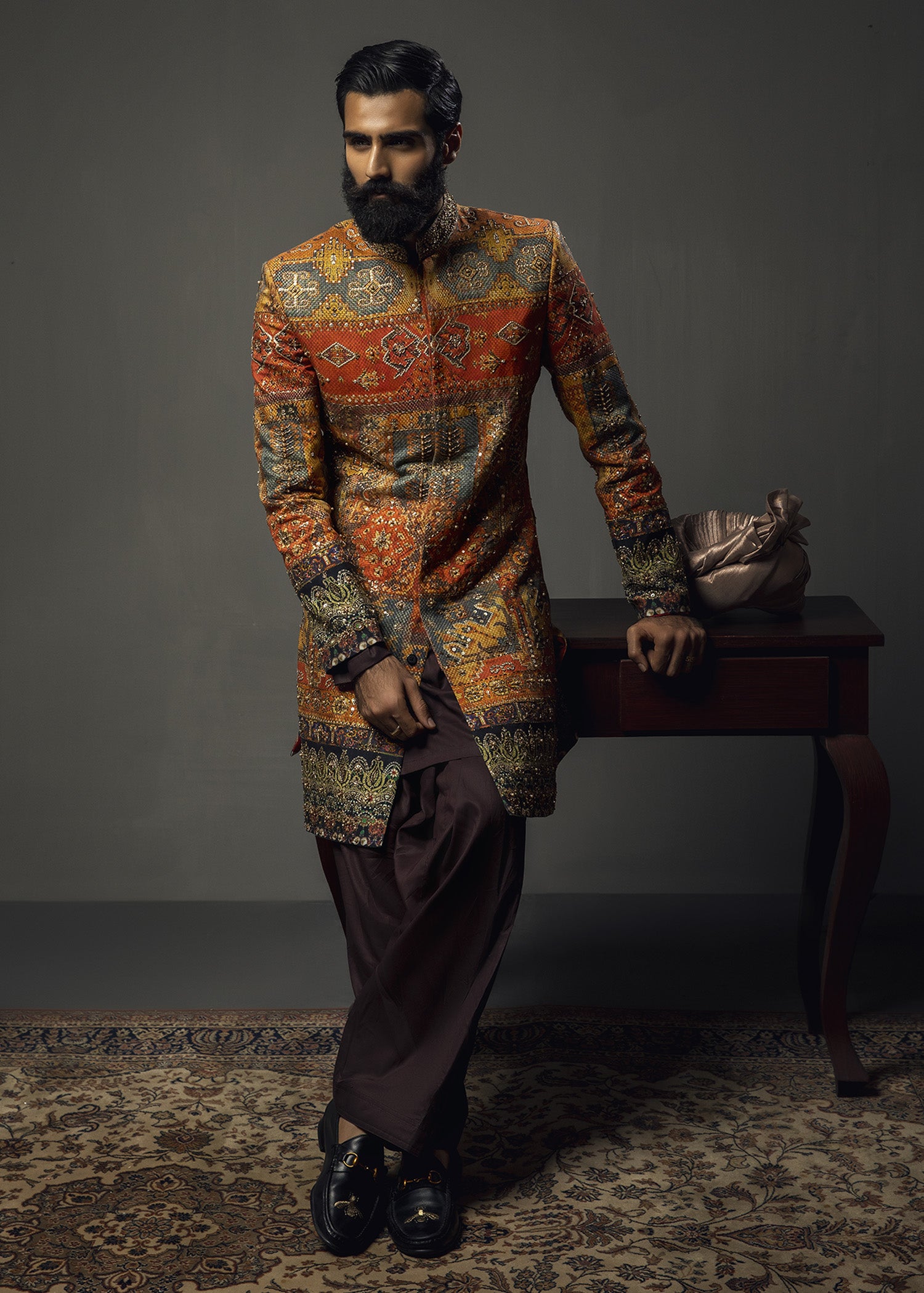 Tangerine Zardozi Cotton Achkan Sherwani (3-Piece) - Image 7